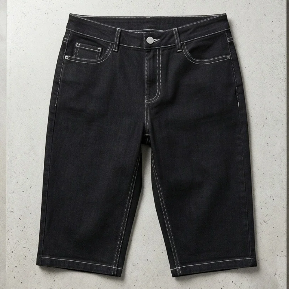 Chico's 3 Platinum Denim Black Bermuda Shorts Contrast Stitch XL Beach Jeans